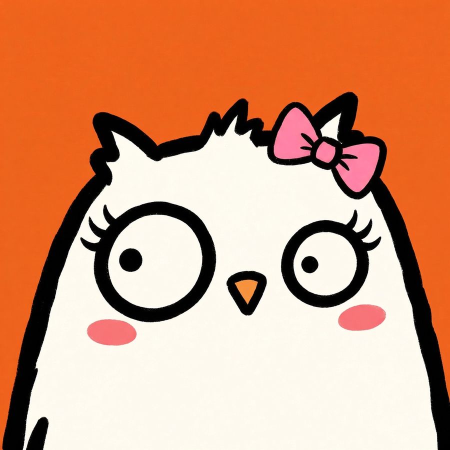 HOOTY, a white owl with a pink bow, round eyes, and rosy cheeks