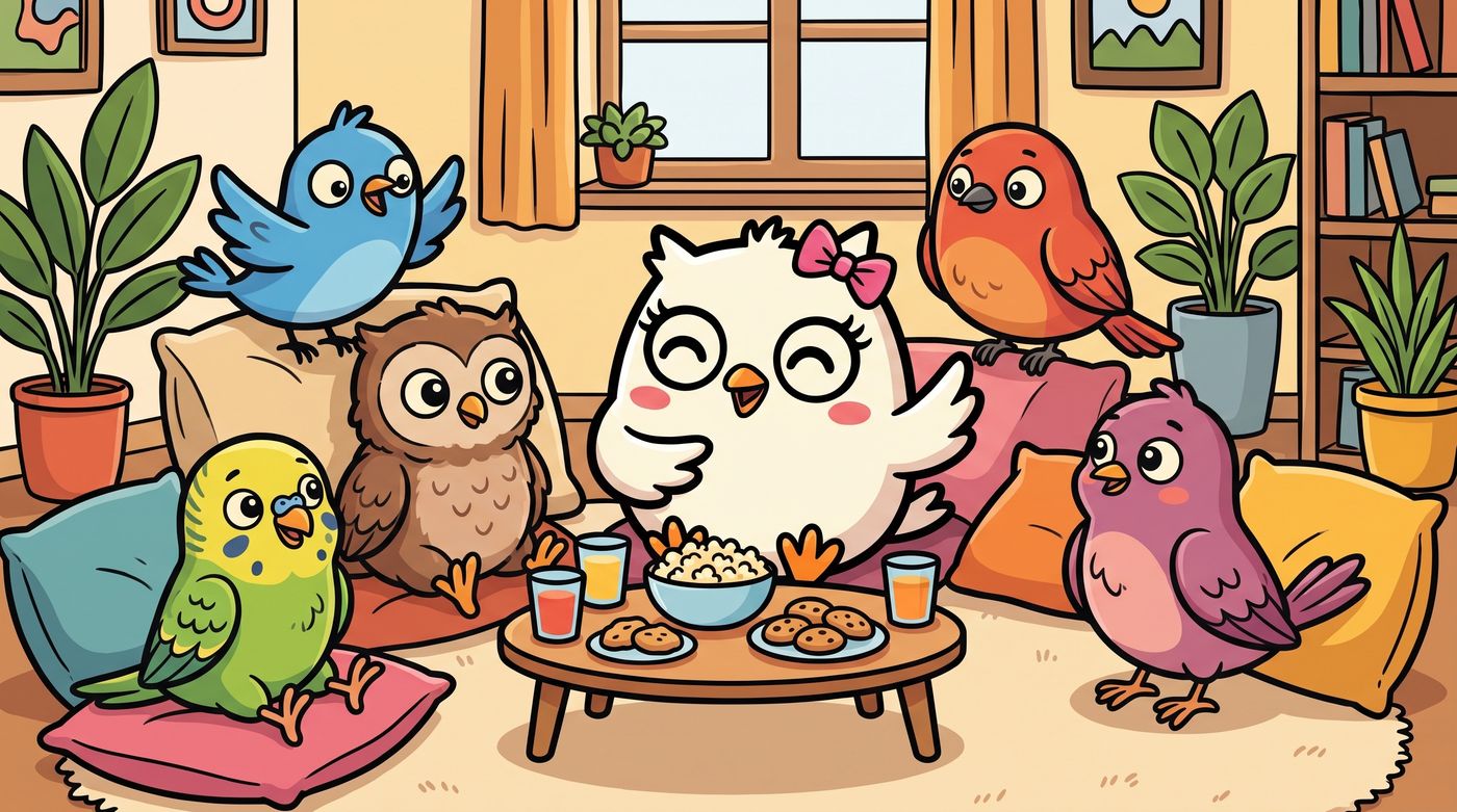 HOOTY and the flock hanging out in a living room with popcorn and cookies