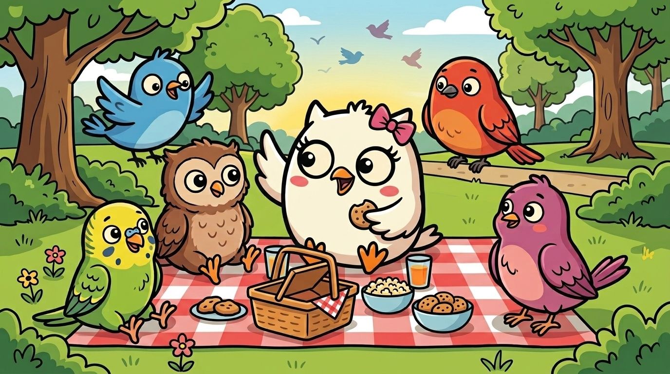 HOOTY and the flock having a picnic on a red blanket in a park